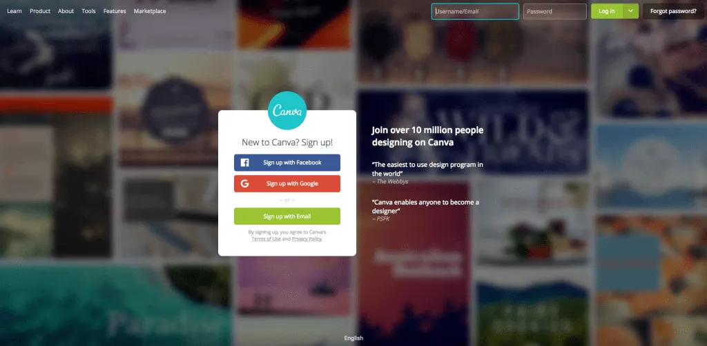 Screenshot of Canva's homepage