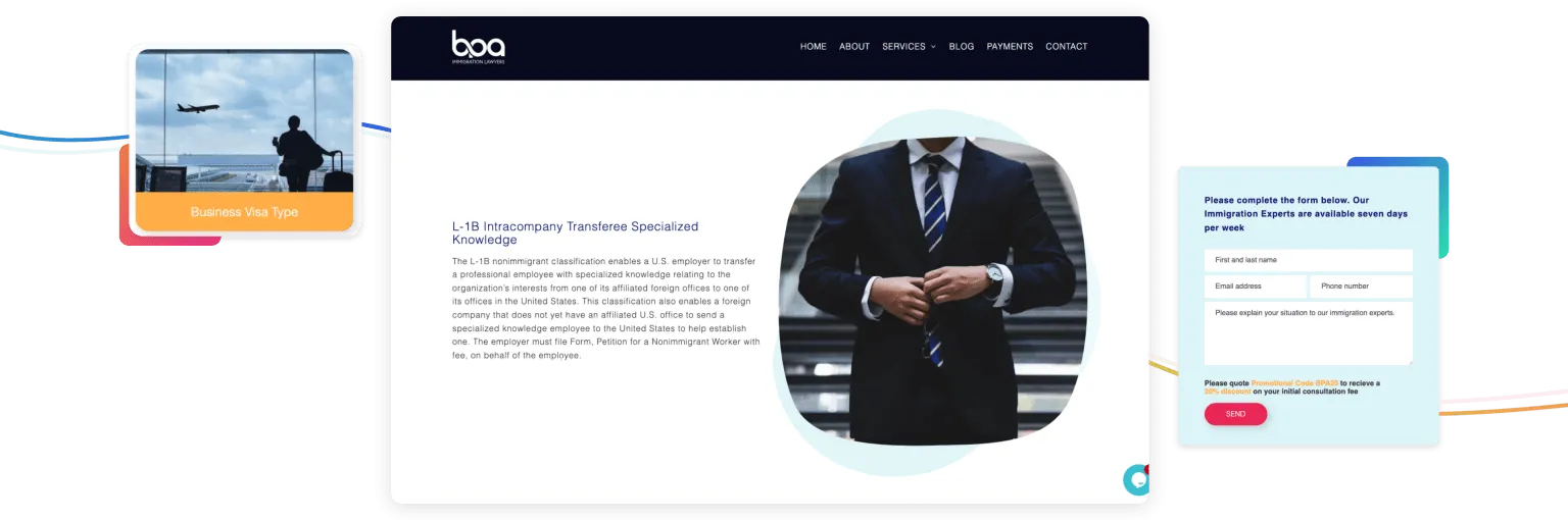 Screenshots showing sections of BPA Immigration Lawyers website