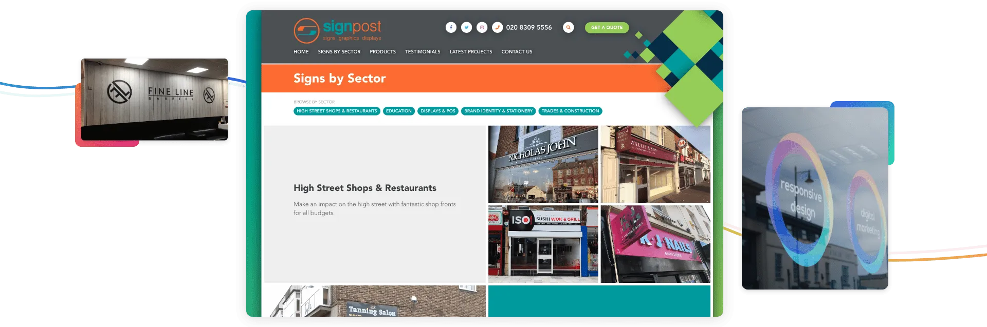 Screenshots showing sections of Signpost Signs website