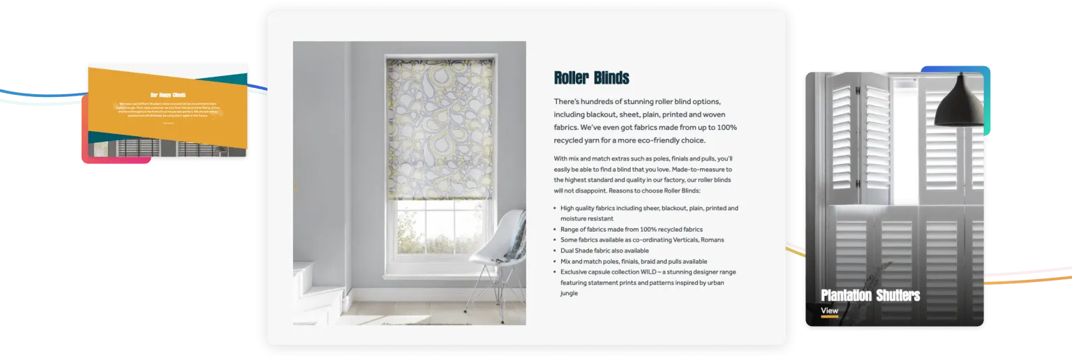 Screenshots showing sections of All Kent Shutters website